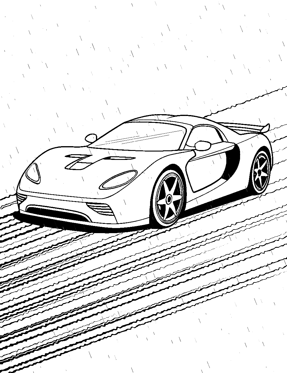 Racing in the Rain Race Car Coloring Page - A race car navigating a wet and slippery track.