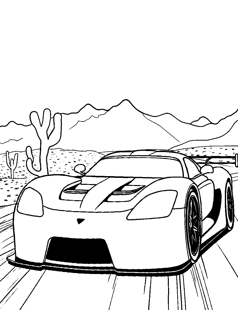 Desert Dash Race Car Coloring Page - A race car speeding through a desert landscape.
