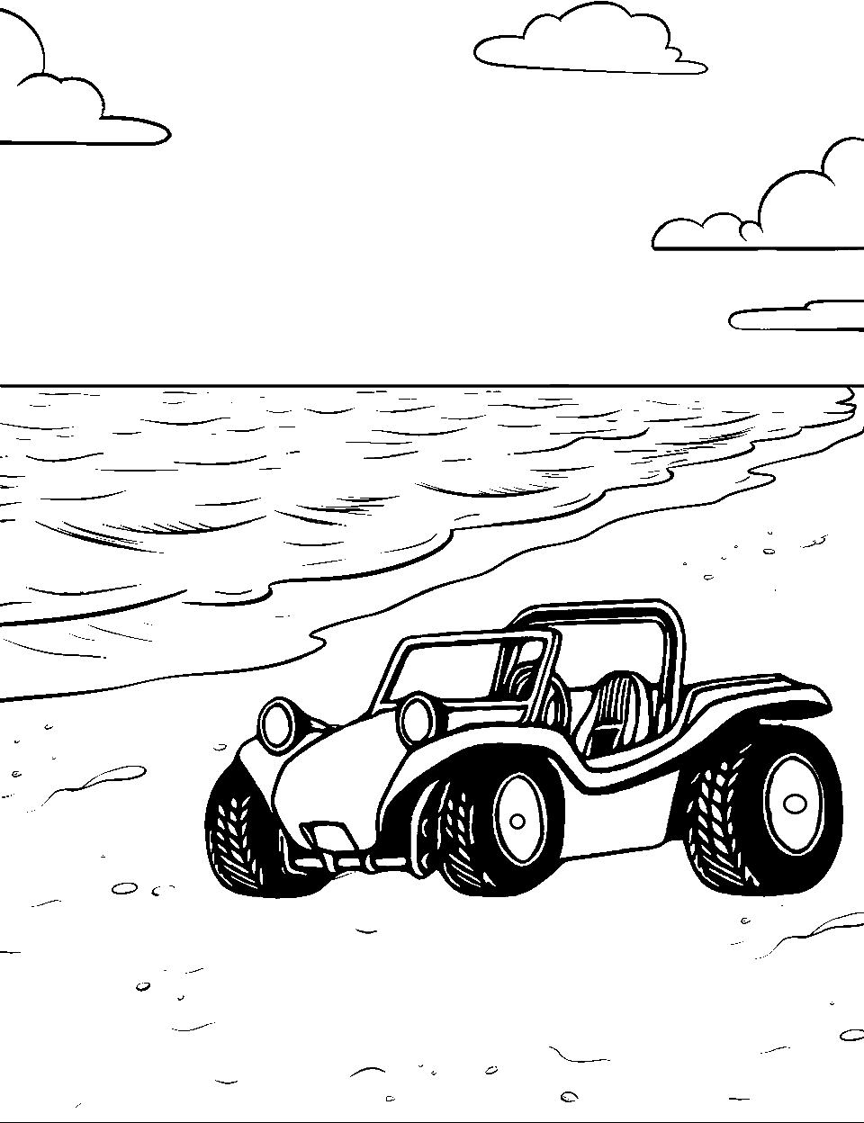 Beachside Buggy Race Car Coloring Page - A buggy racing on a sandy beach.