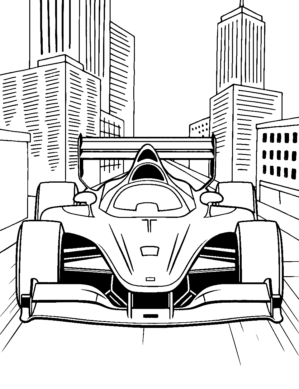 City Circuit Race Car Coloring Page - A race car navigating through a city circuit.