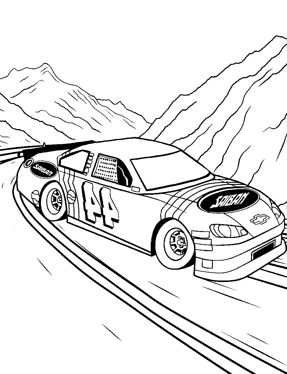 Rally Racing Race Car Coloring Page - A car participating in a rally race through mountain terrains.