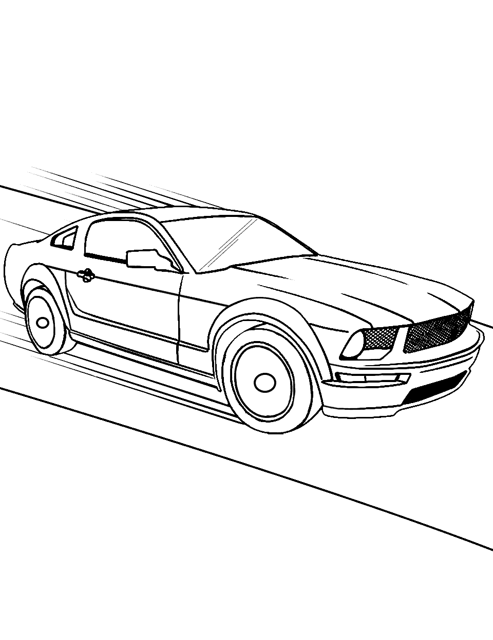 Fast Mustang Race Car Coloring Page - A Mustang race car zooming fast on a race track, showing motion blur.