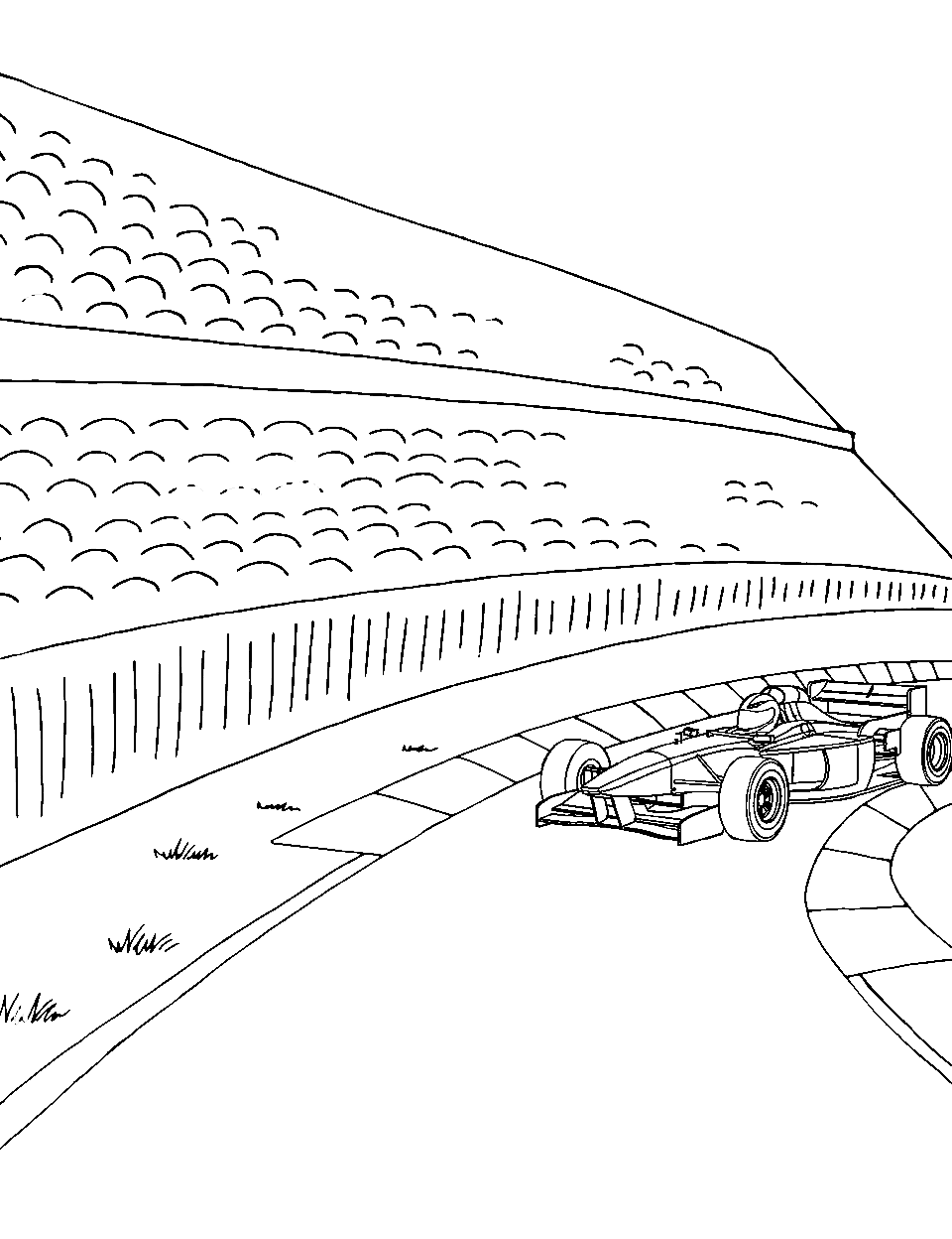 Formula One Racer Race Car Coloring Page - An F1 race car racing on a circuit.