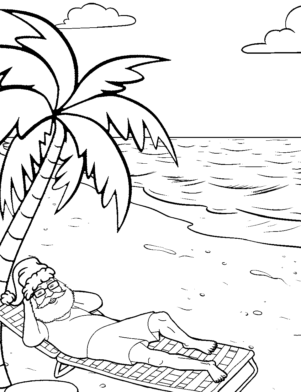 Santa Relaxing on a Beach Coloring Page - Santa in summer attire, relaxing on a sandy beach with a palm tree.