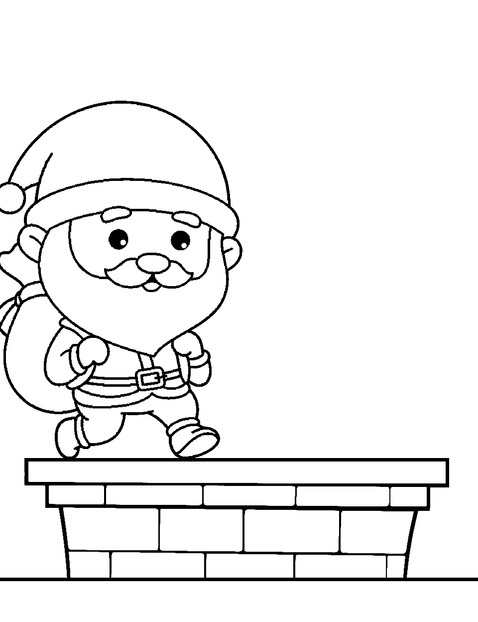 Santa Going Down the Chimney Coloring Page - Santa about to descend a chimney with his sack of gifts.