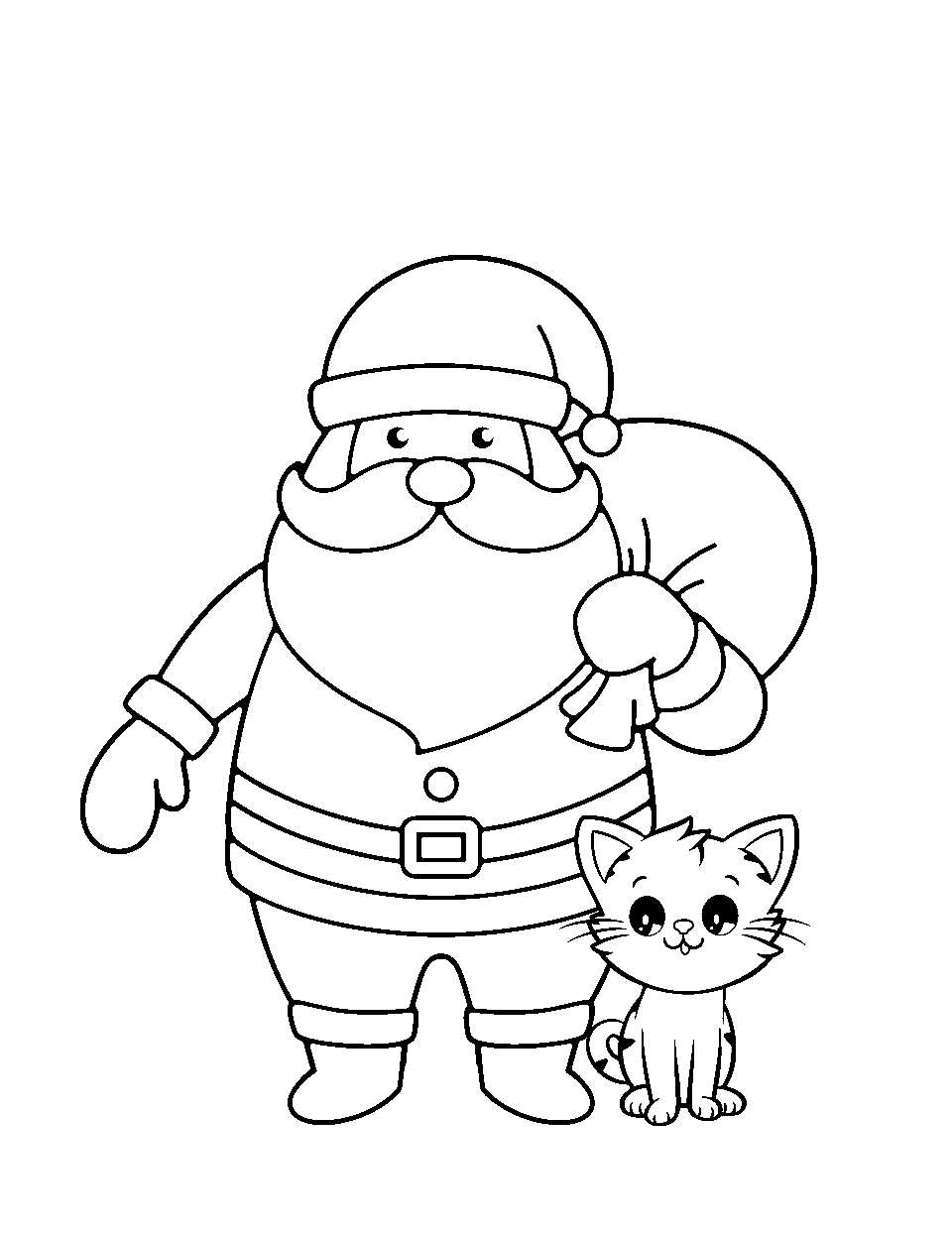 Santa and a Cat Coloring Page - Santa with a friendly cat standing together.