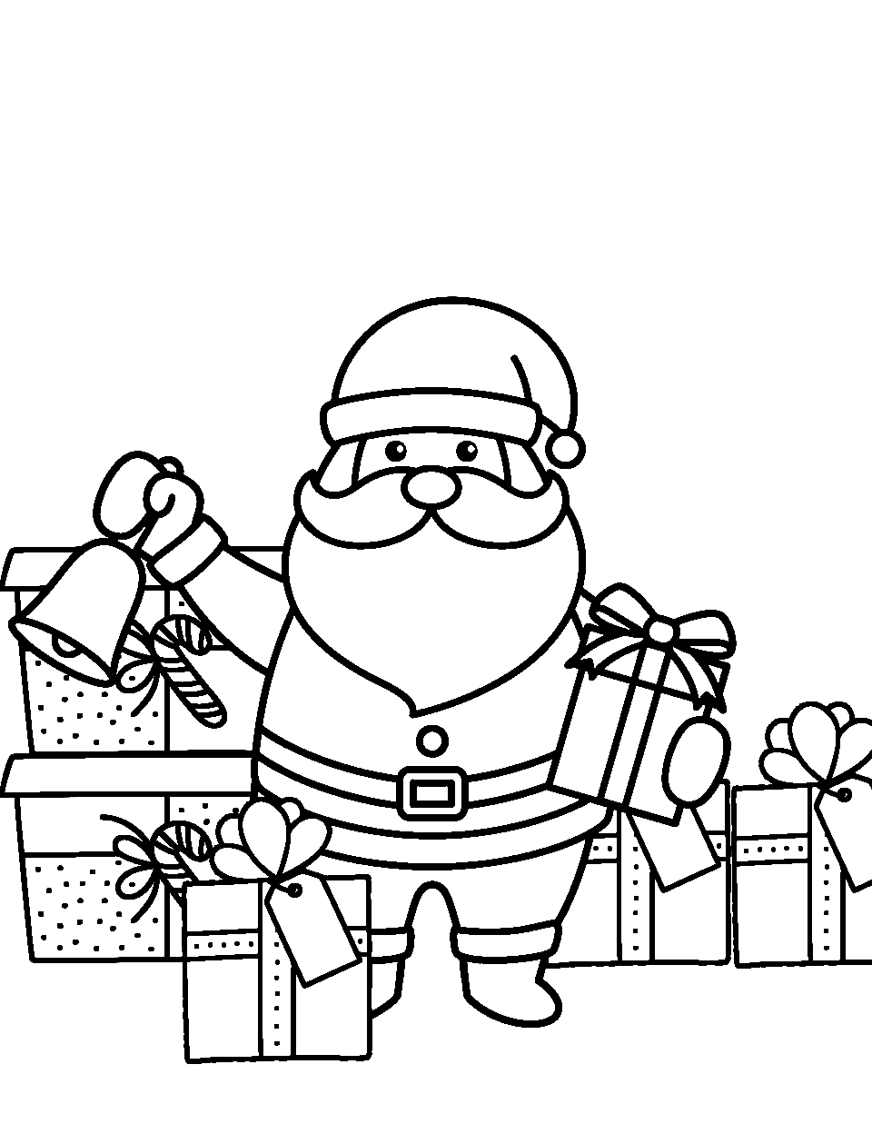 Santa with Gifts Coloring Page - Santa standing with tons of gifts ready to give out to everyone on Christmas day.