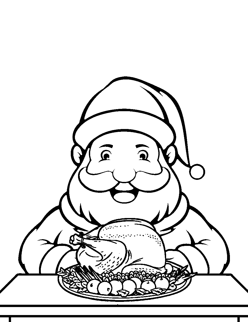 Holiday Feast with Santa Coloring Page - Santa enjoying a festive feast of turkey and potatoes.