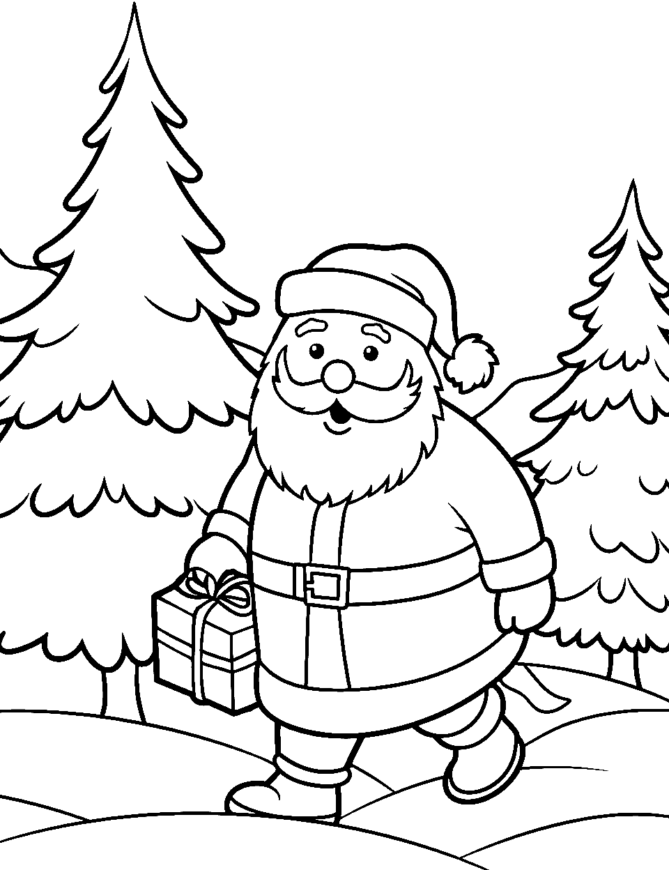 Santa in a Winter Wonderland Coloring Page - Santa walking through a snowy landscape with evergreen trees.