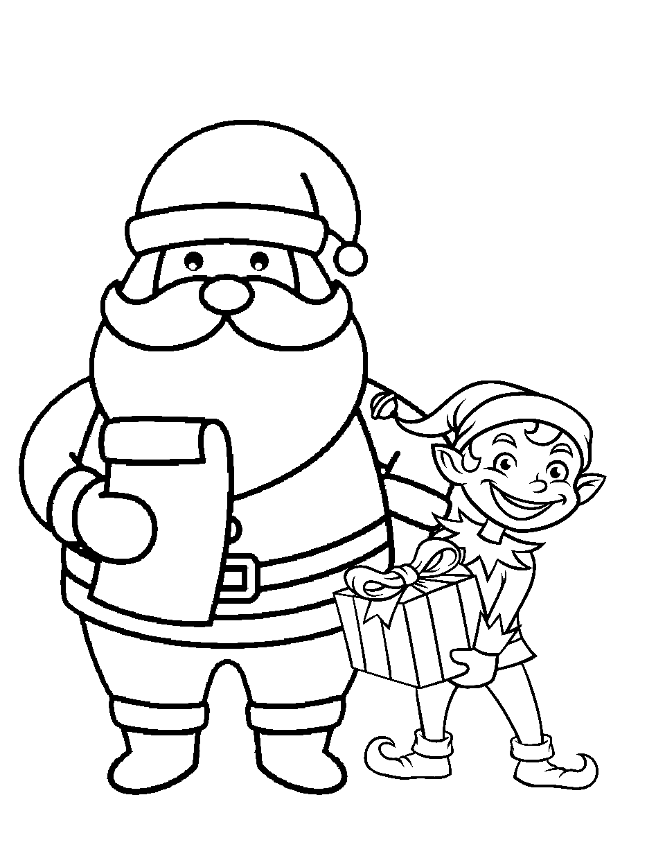 Santa and a Christmas Elf Coloring Page - An elf handing a gift to Santa for his sack.