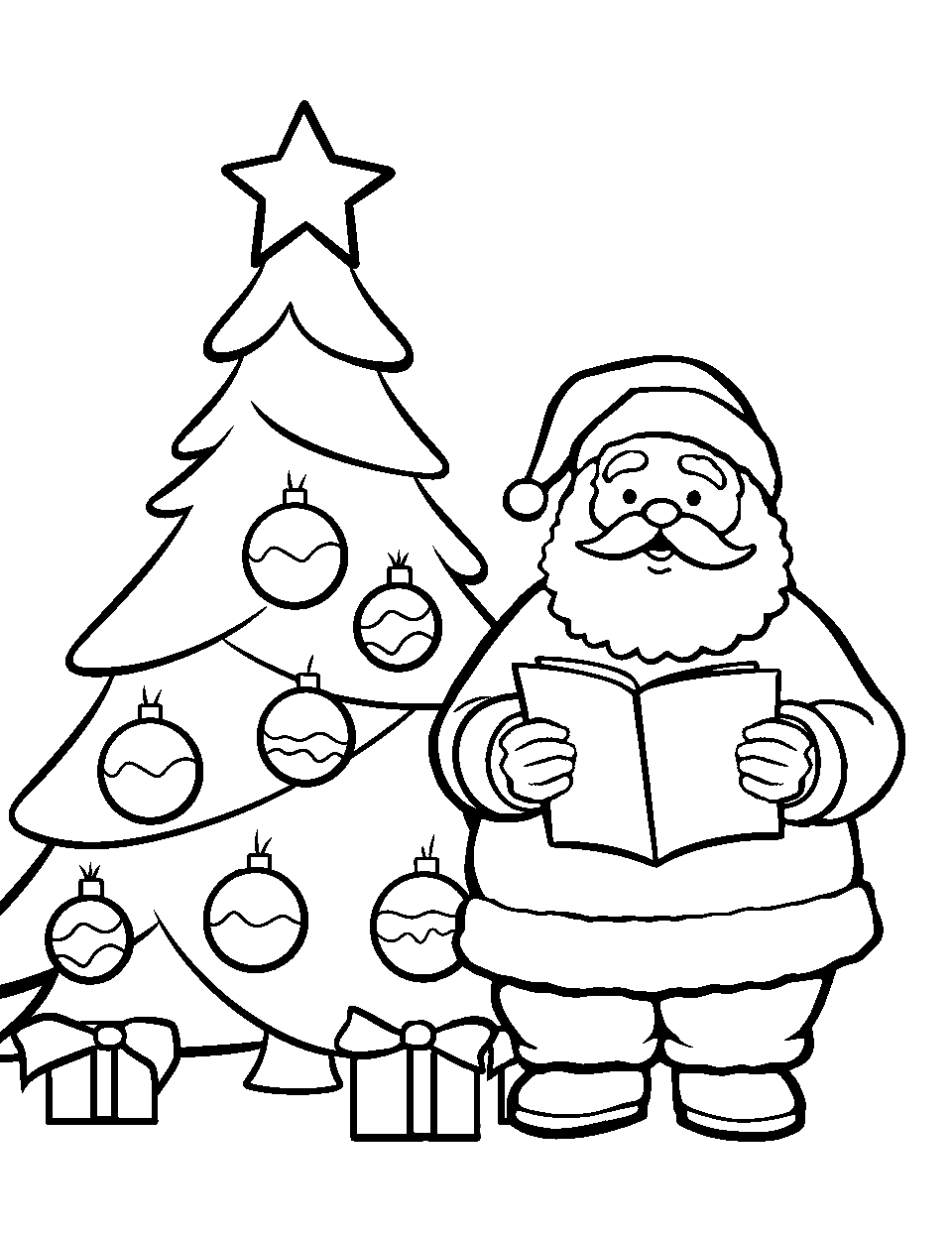 Santa Reading a Christmas Story Coloring Page - Santa reading a festive tale beside a Christmas tree.