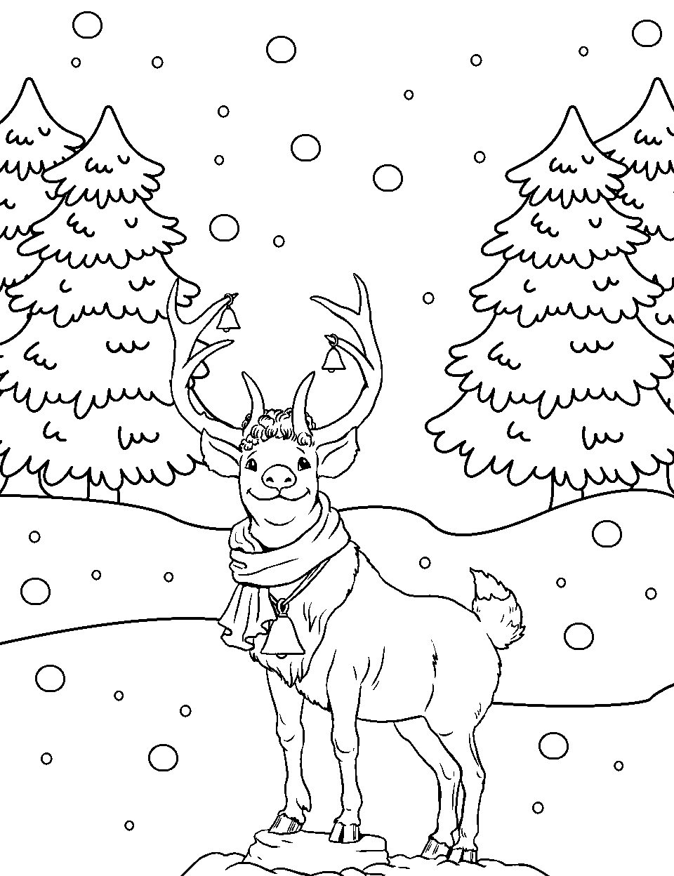 Reindeer in the Snow Santa Coloring Page - A single reindeer standing in a snowy landscape.