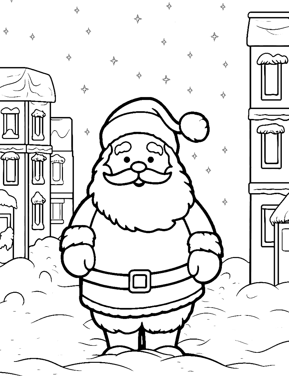 Santa in the City Coloring Page - Saint Nick standing in a snowy city street, with streetlights and snow-covered buildings.