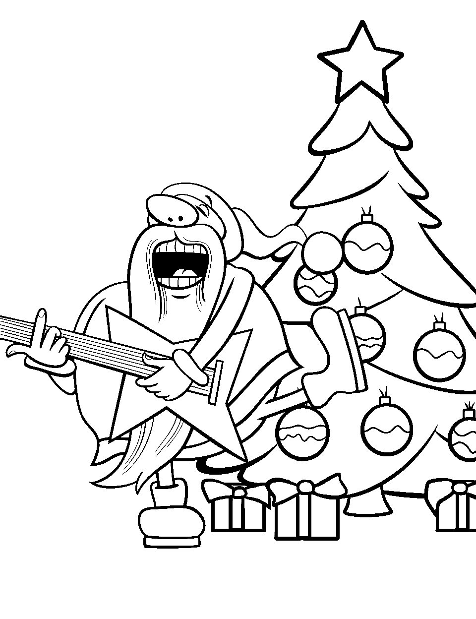Guitarist Santa Coloring Page - Santa Claus playing a guitar, ready to rock the night.