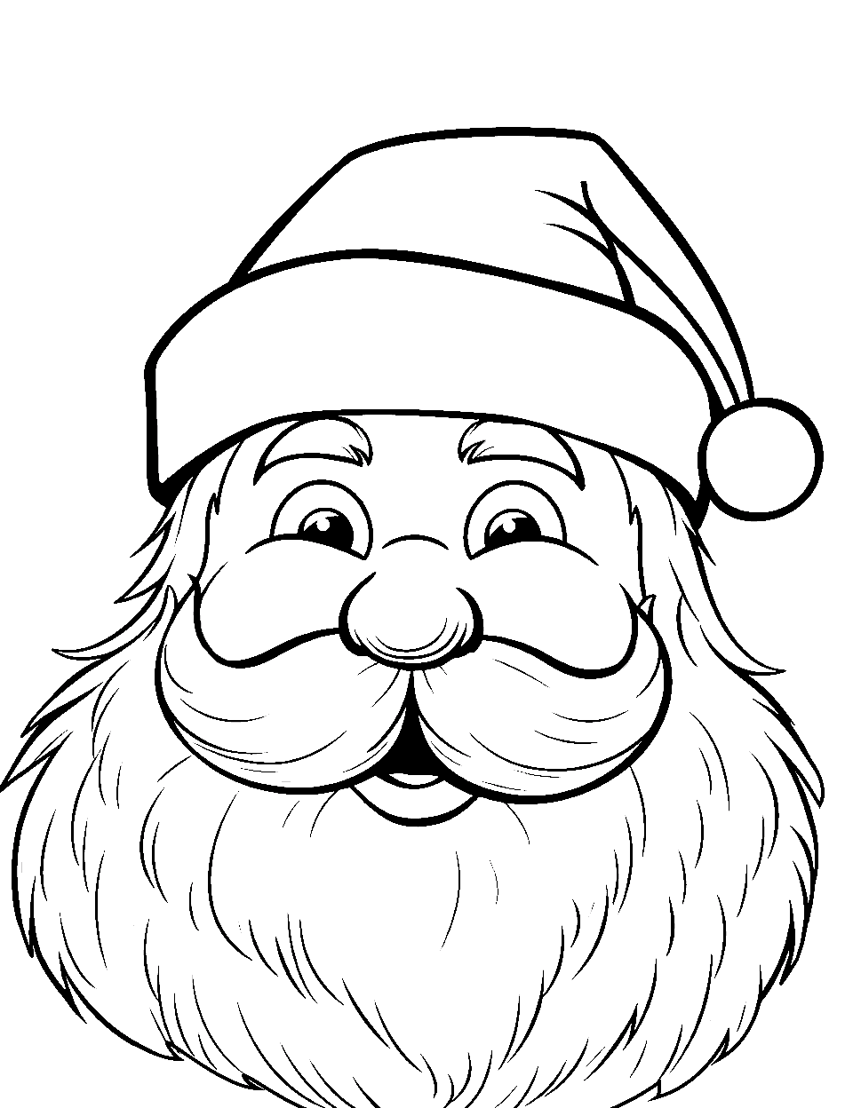 Santa's Face Close-Up Coloring Page - A close-up of Santa’s face, highlighting his jolly expression and twinkling eyes.