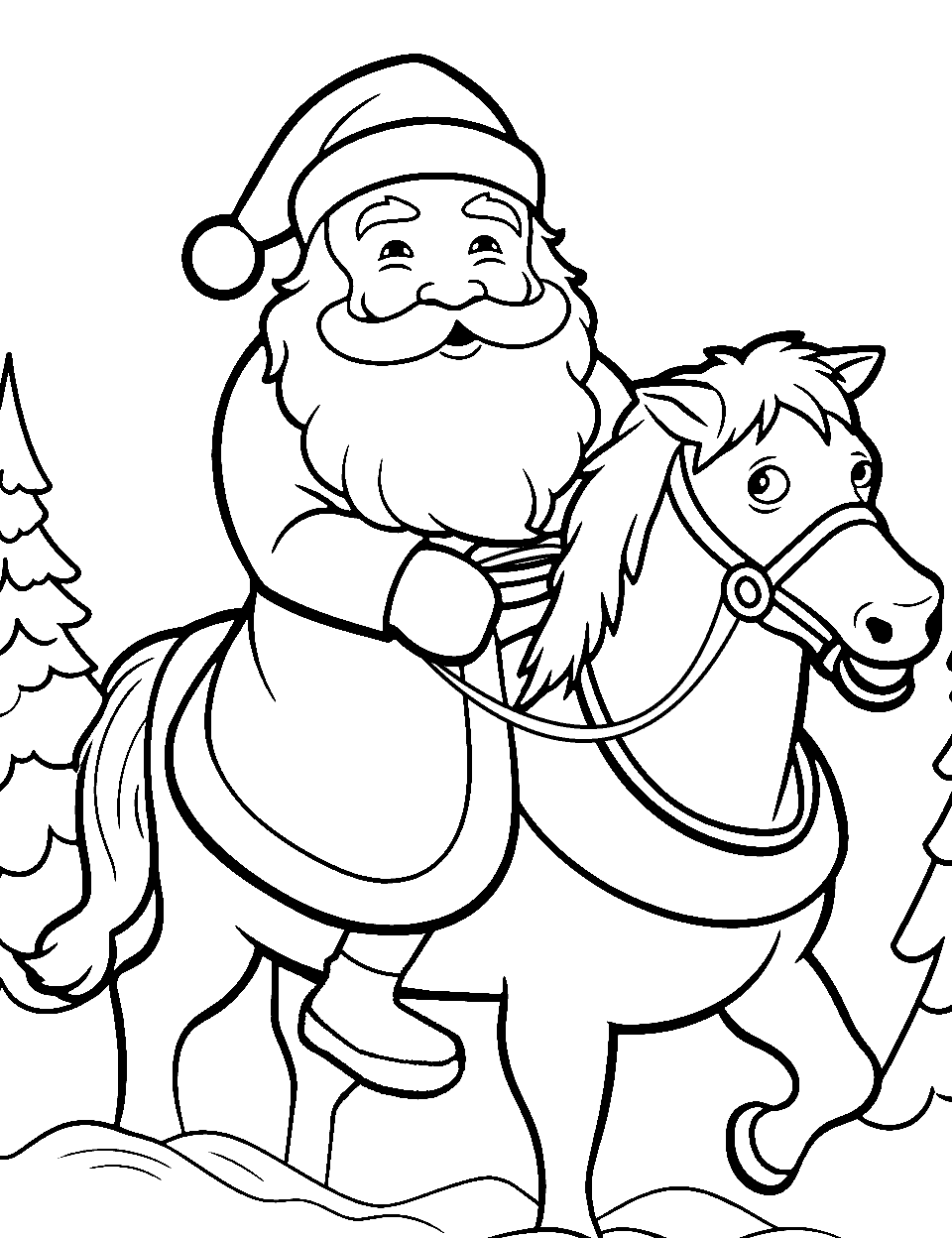 Santa Riding a Horse Coloring Page - Santa riding a horse through a snowy landscape.