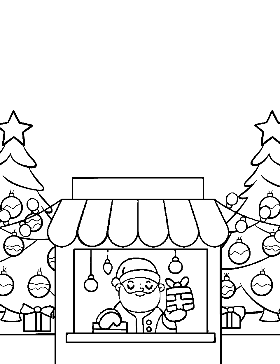 Santa at a Christmas Market Coloring Page - Santa is selling gifts in a festive Christmas market.