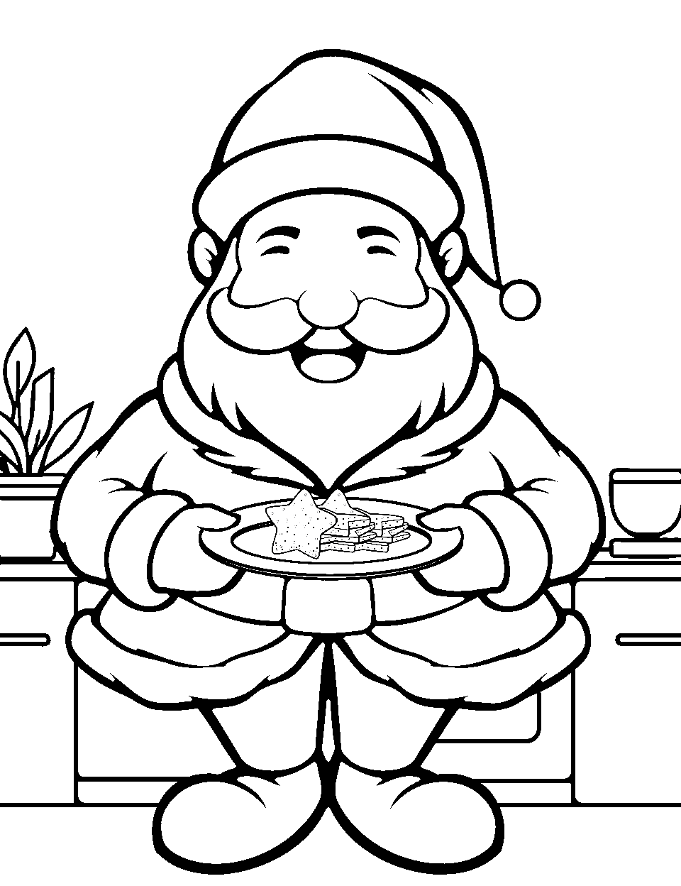 Mr. Claus Baking Cookies Santa Coloring Page - Mr. Claus in his kitchen, baking a batch of Christmas cookies.