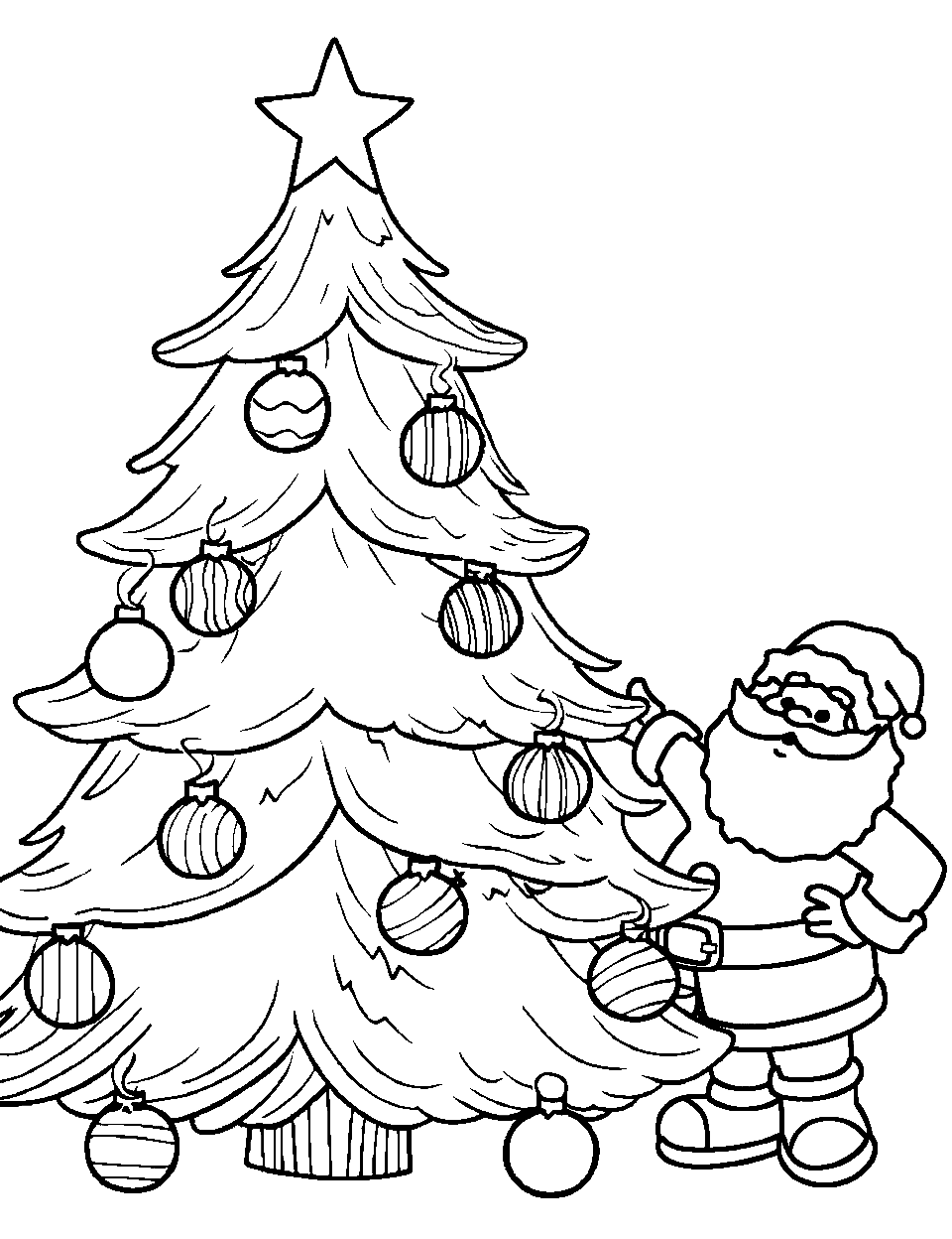 Christmas Tree Decorating Santa Coloring Page - Santa decorating a tall Christmas tree with a star at the very top.