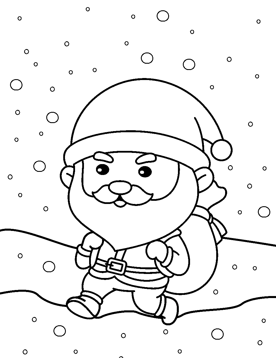 Santa Claus in a Snowstorm Coloring Page - Santa walking through a blizzard carrying gifts.