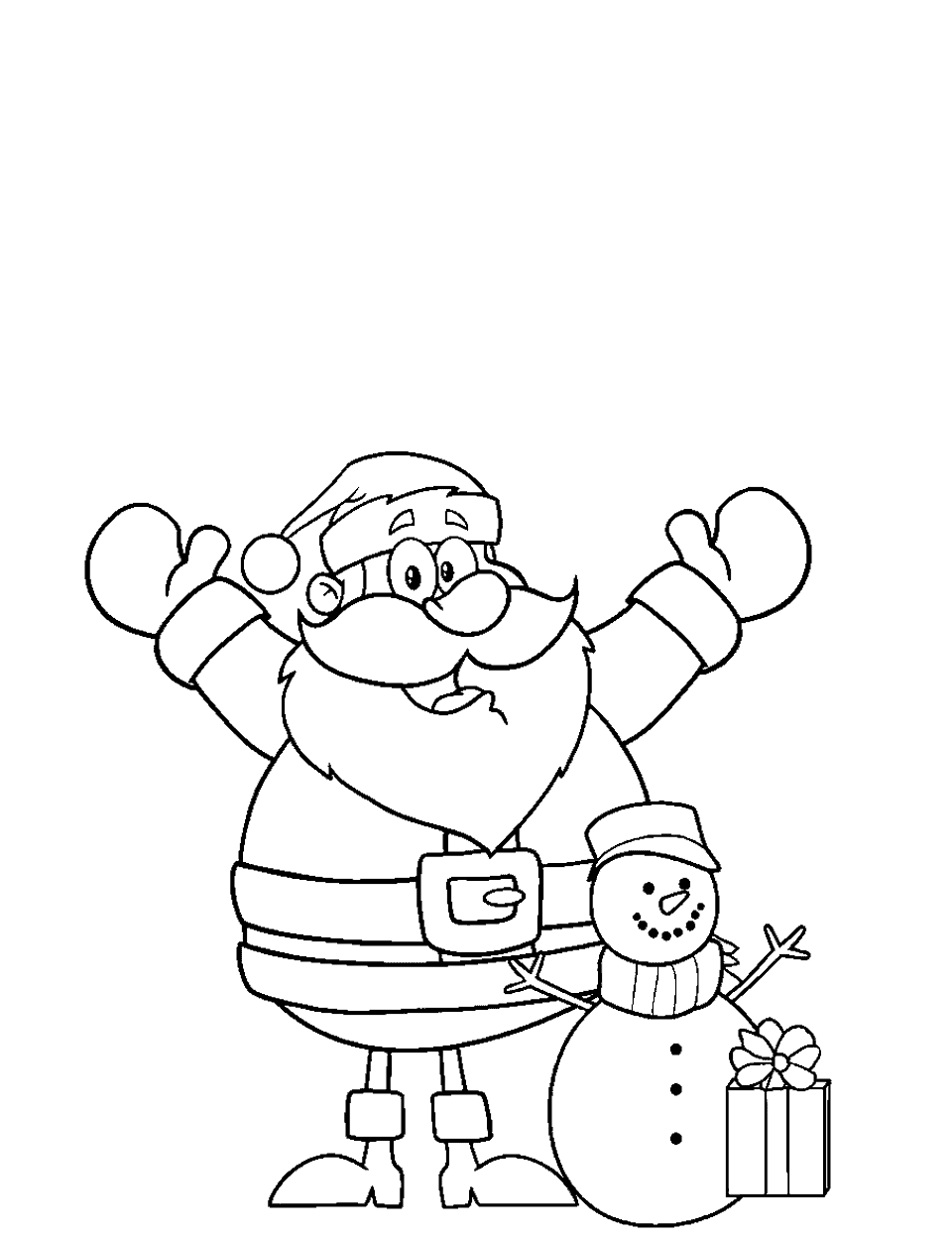 Santa and a Snowman Coloring Page - Santa Claus celebrating the snowman he made.