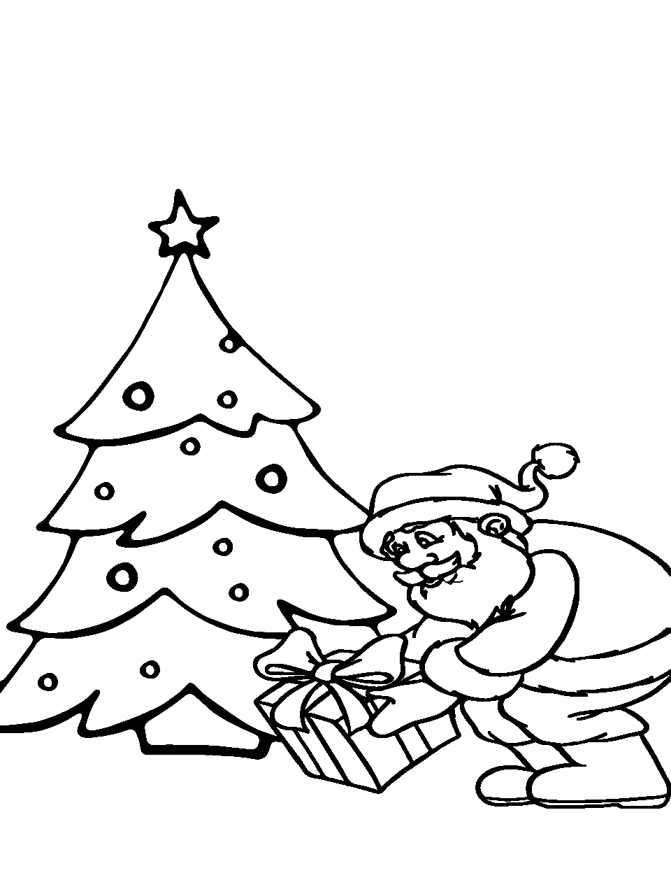Santa Delivering Presents Coloring Page - Santa quietly placing gifts under a Christmas tree.