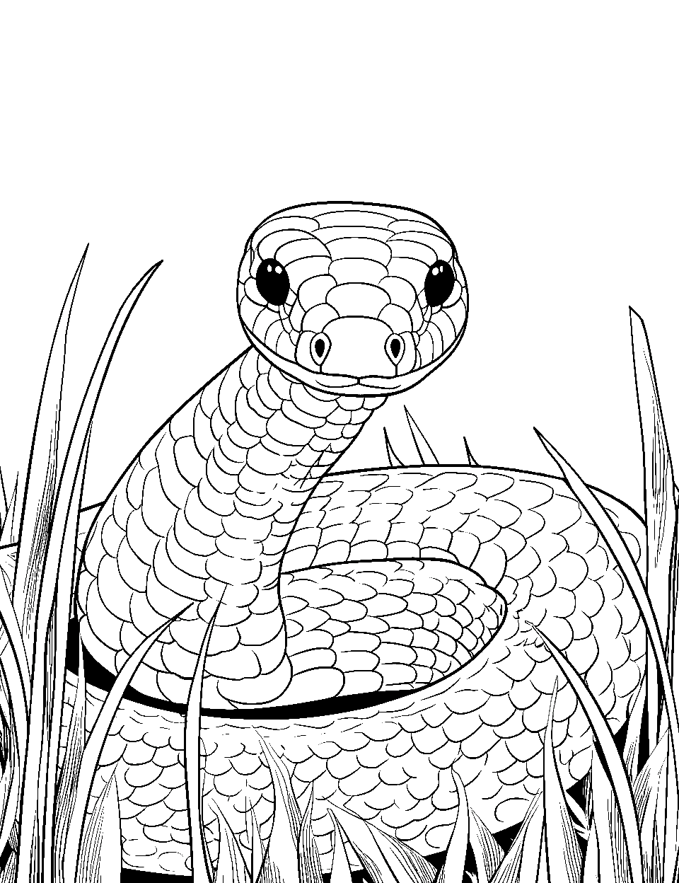 Snake in the Grass Coloring Page - A fierce snake steadily waiting in tall grass for its prey to come.