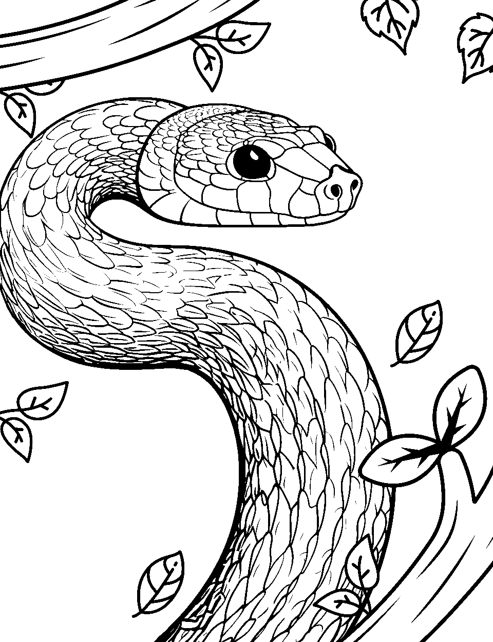 Tree Canopy Dweller Coloring Page - A green snake camouflaged among the green leaves of a tree.