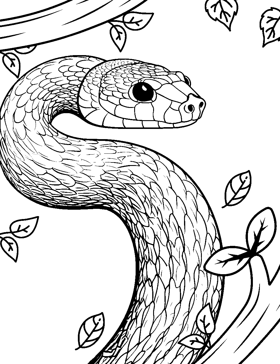 Tree Canopy Dweller Snake Coloring Page - A green snake camouflaged among the green leaves of a tree.