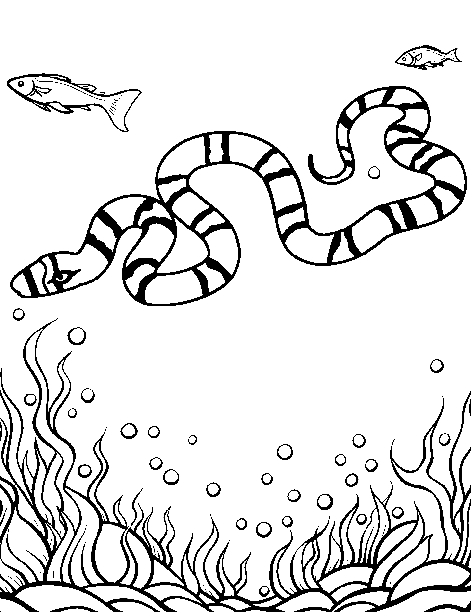 Mystical Sea Snake Coloring Page - A sea snake swimming among underwater corals.
