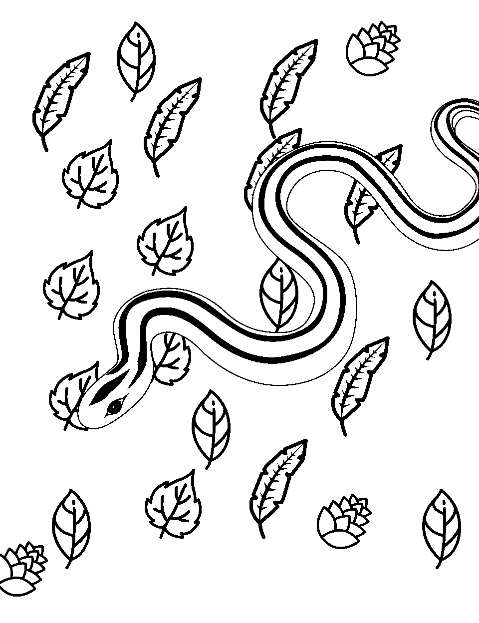 Forest Floor Crawler Coloring Page - A snake slithering through the fallen leaves of a forest floor.