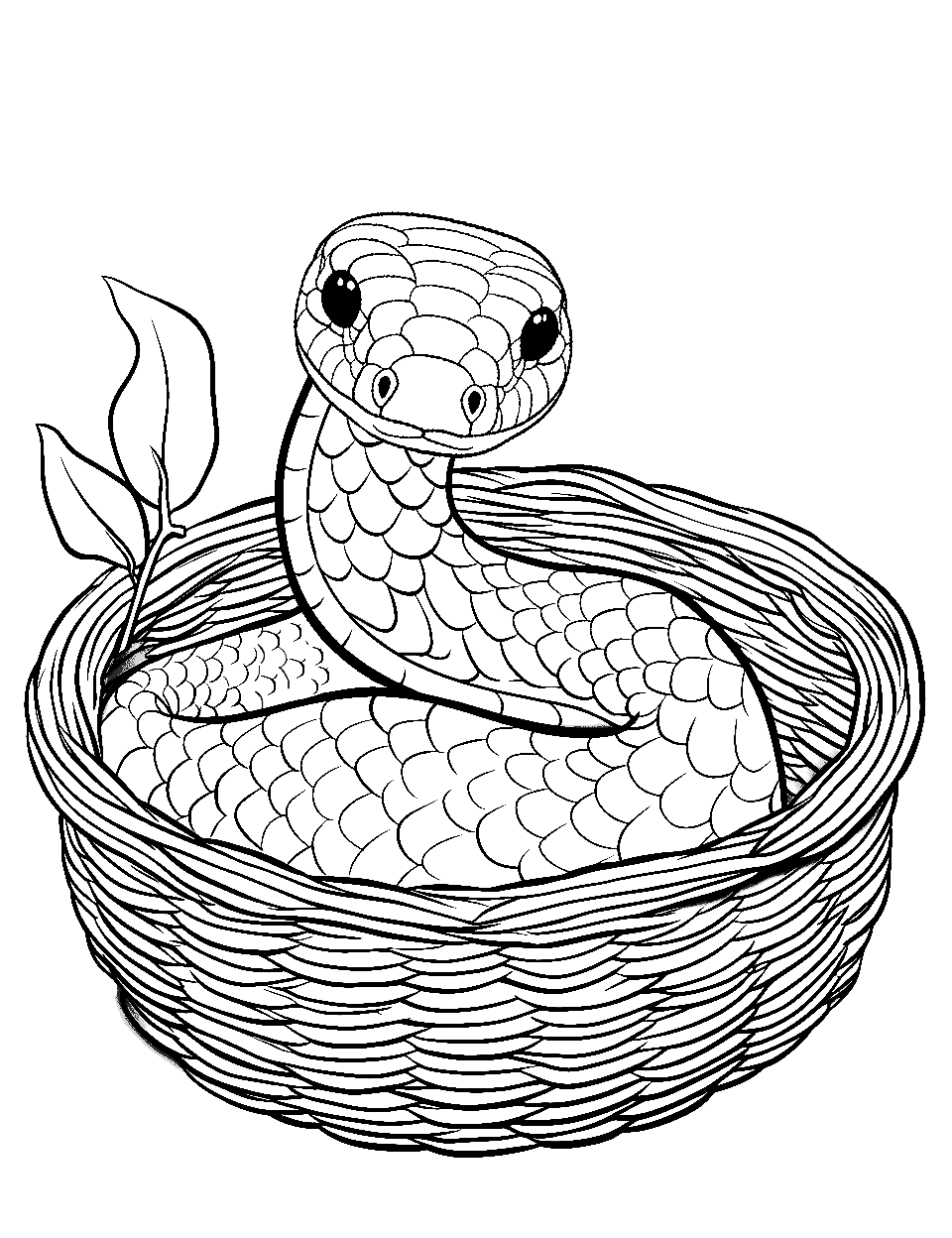 Sneaky Peek Snake Coloring Page - A snake peeping out from a basket.