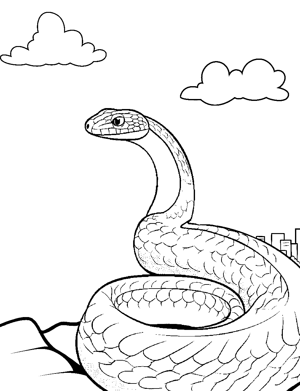 Snake on a Ledge Coloring Page - A snake perched on a ledge overlooking a view.