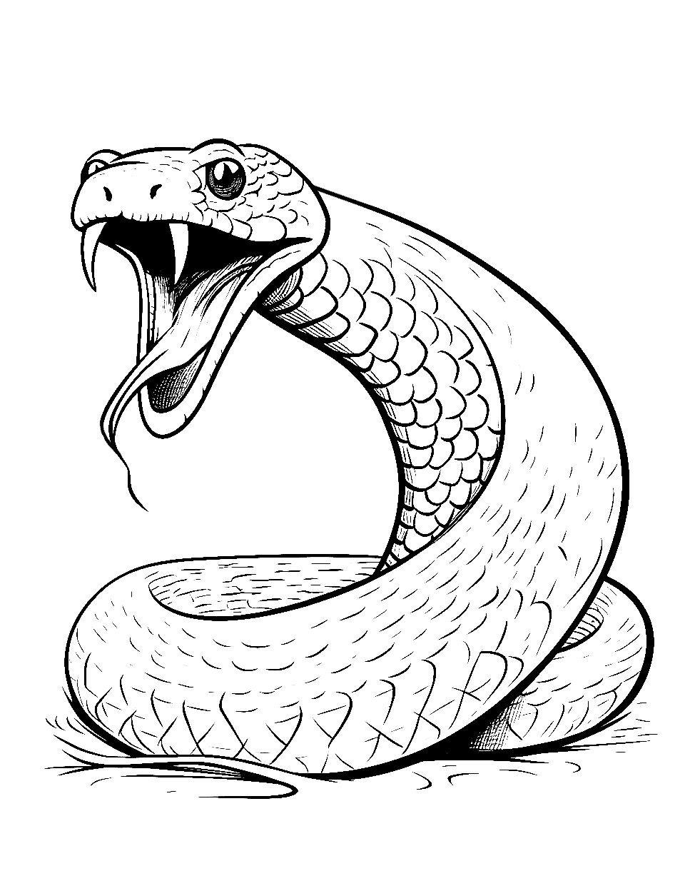 Hiss in Action Snake Coloring Page - A snake with its mouth open, hissing.