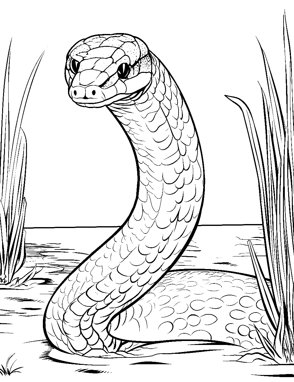 Wetland Wanderer Coloring Page - A snake swimming through a marshy wetland.