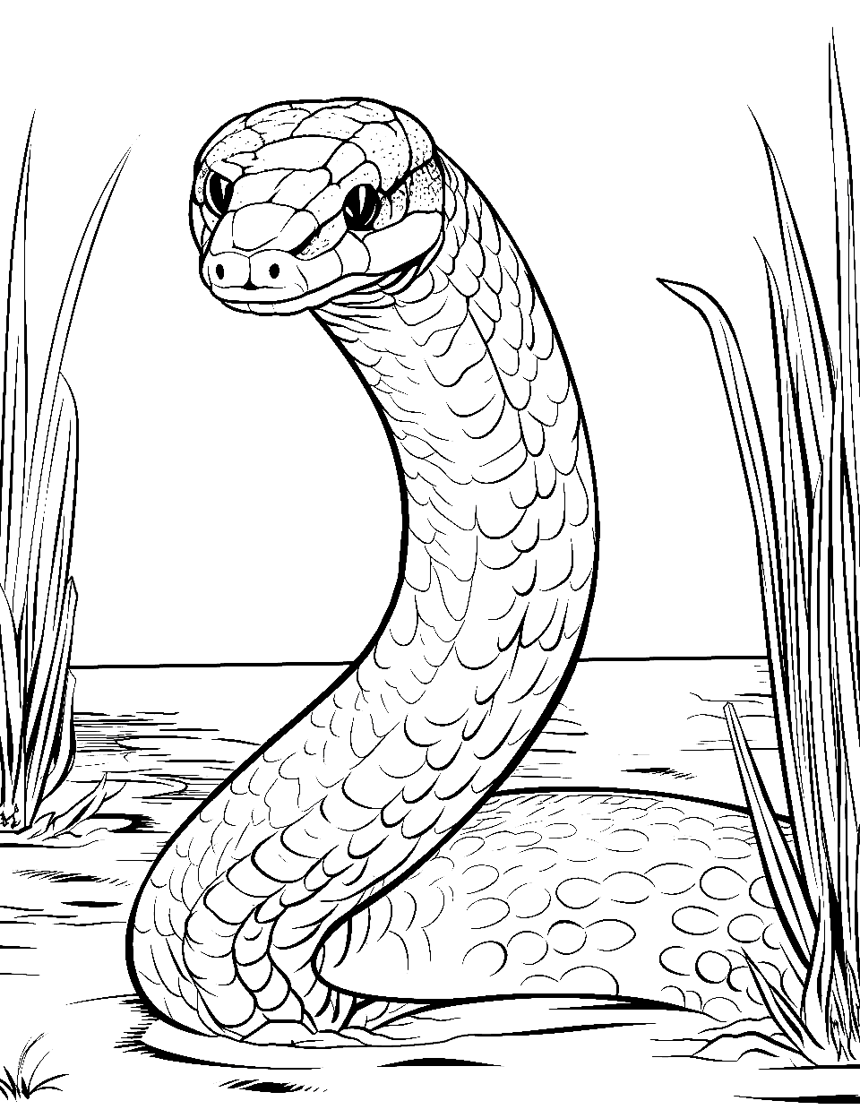 Wetland Wanderer Snake Coloring Page - A snake swimming through a marshy wetland.