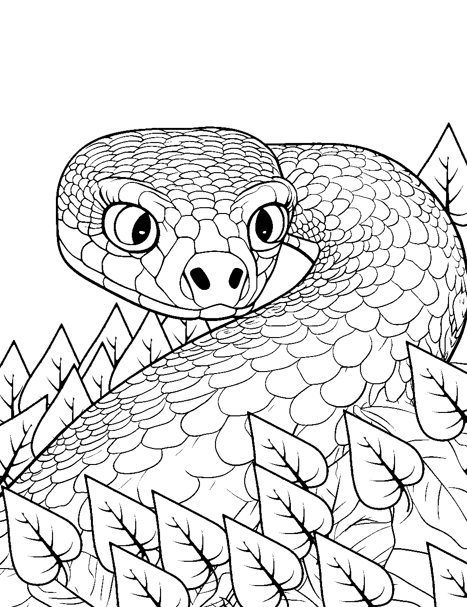 Hiding Under Leaves Coloring Page - A detailed snake hiding under Leaves.