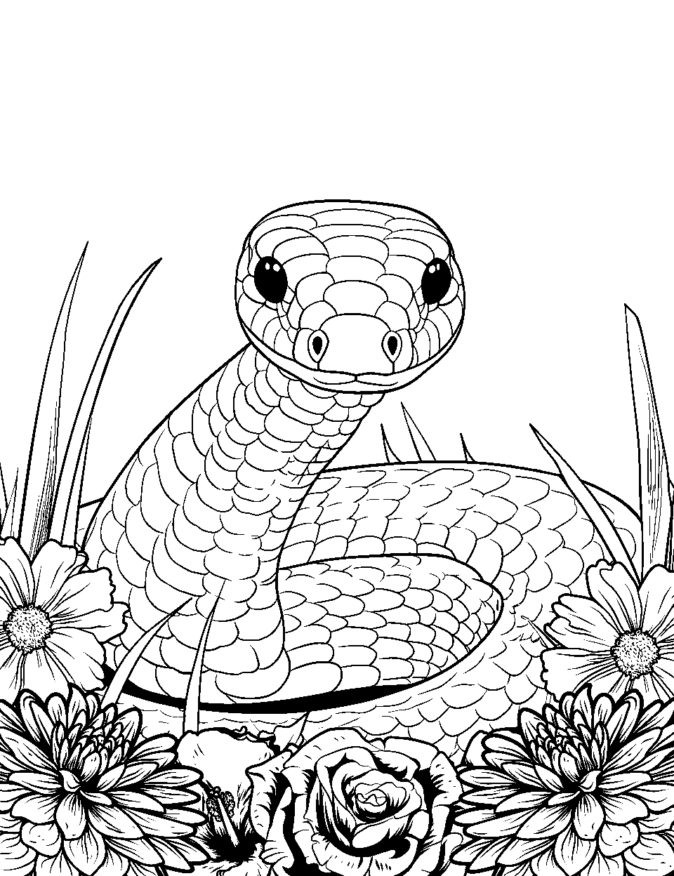 Tropical Paradise Snake Coloring Page - A snake amidst tropical flowers.