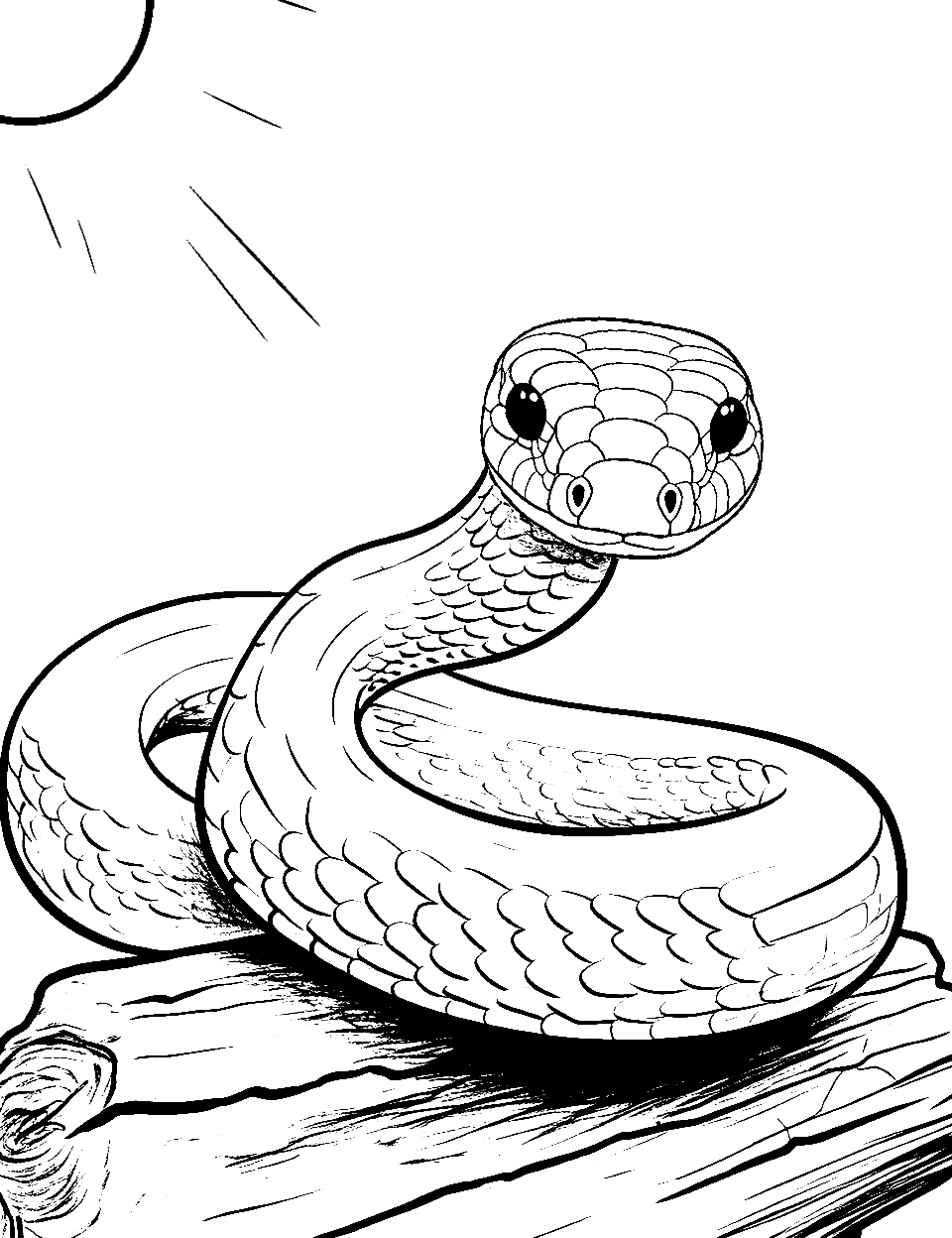 Basking on a Log Coloring Page - A snake sunbathing on a fallen log.