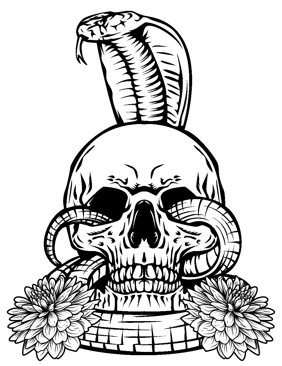 Skull and the Serpent Snake Coloring Page - A snake slithering around a skull.