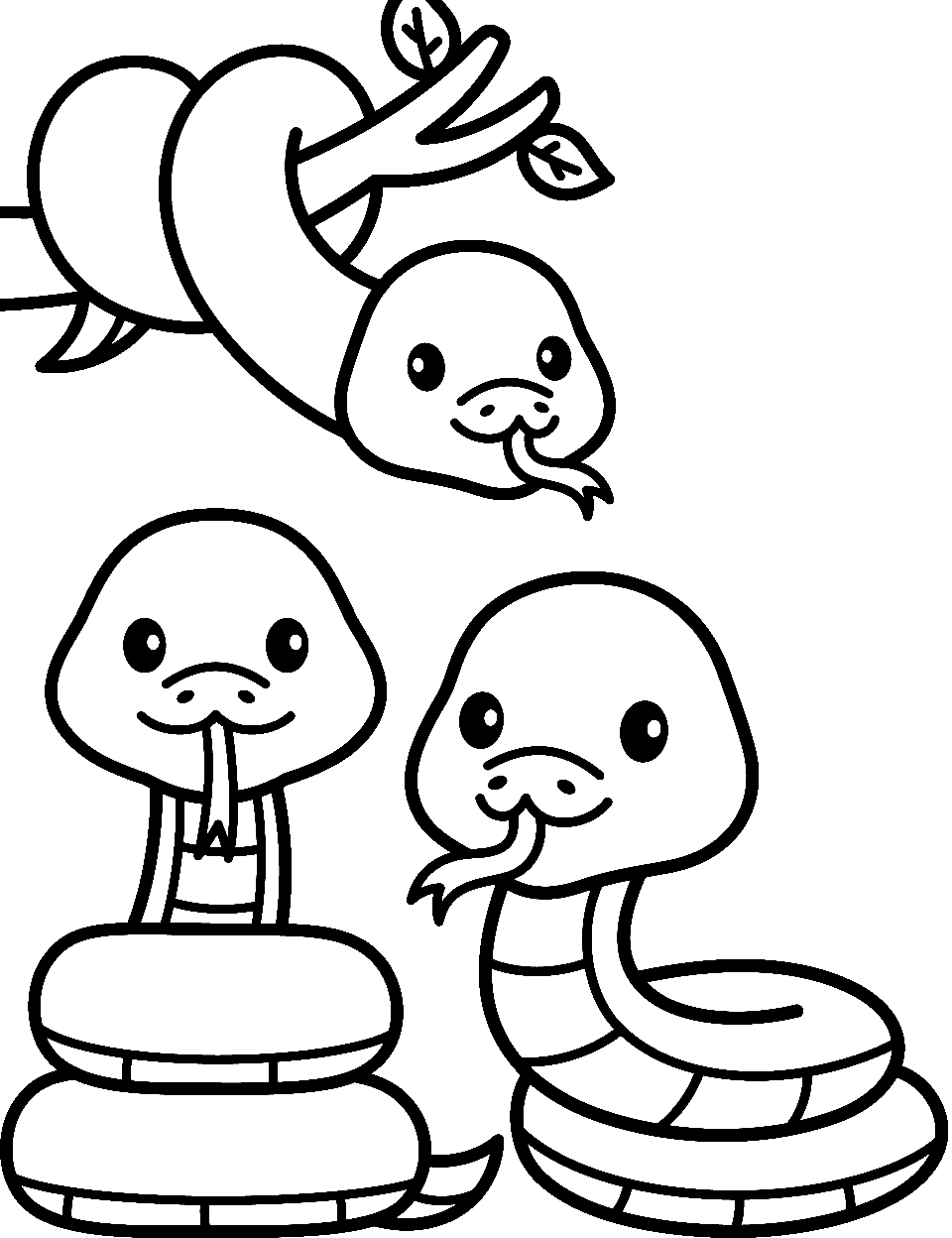 Preschool Playful Snakes Coloring Page - Colorful and friendly-looking snakes with cute eyes, perfect for young kids.