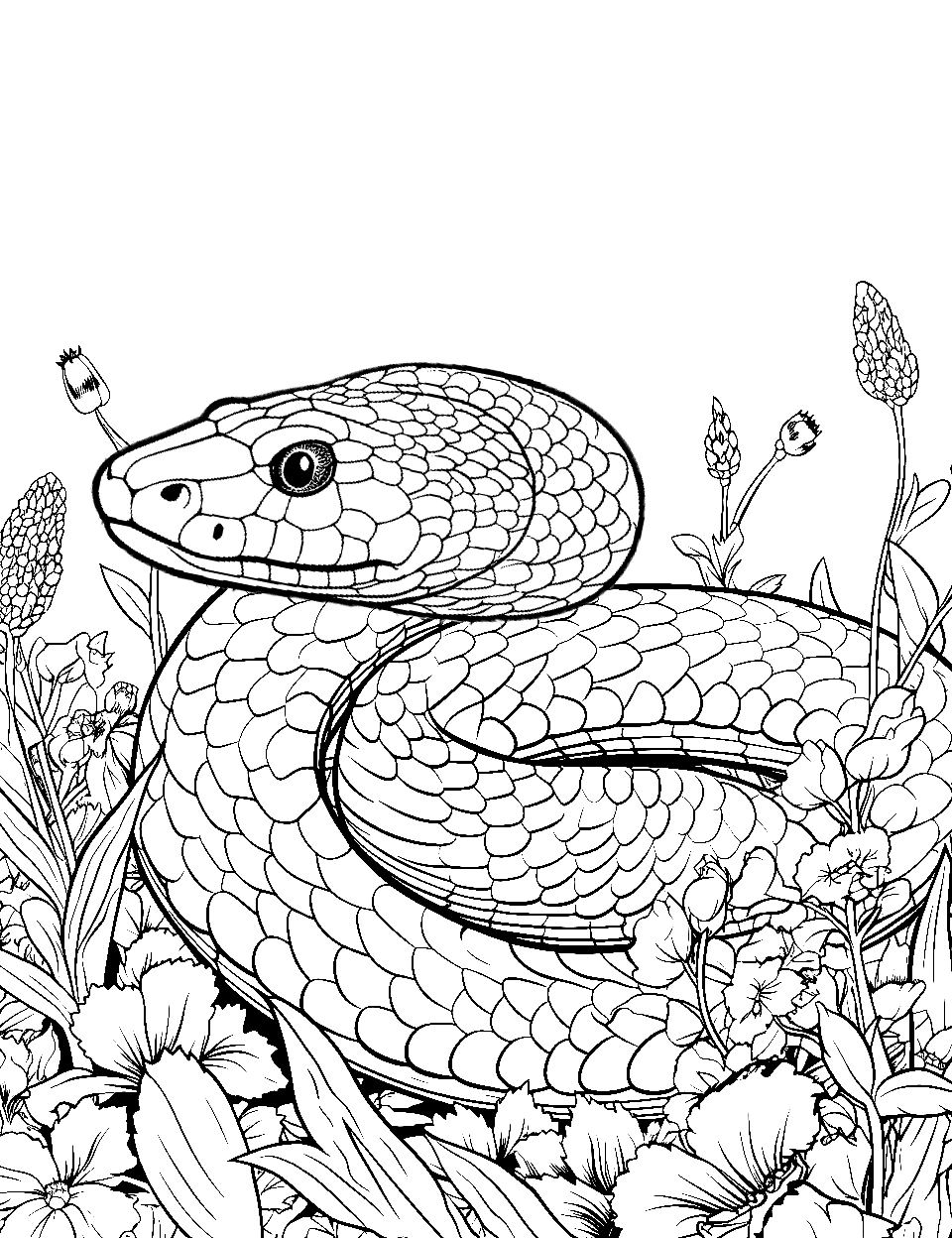 Small Garden Visitor Coloring Page - A small garter snake exploring a garden filled with flowers.