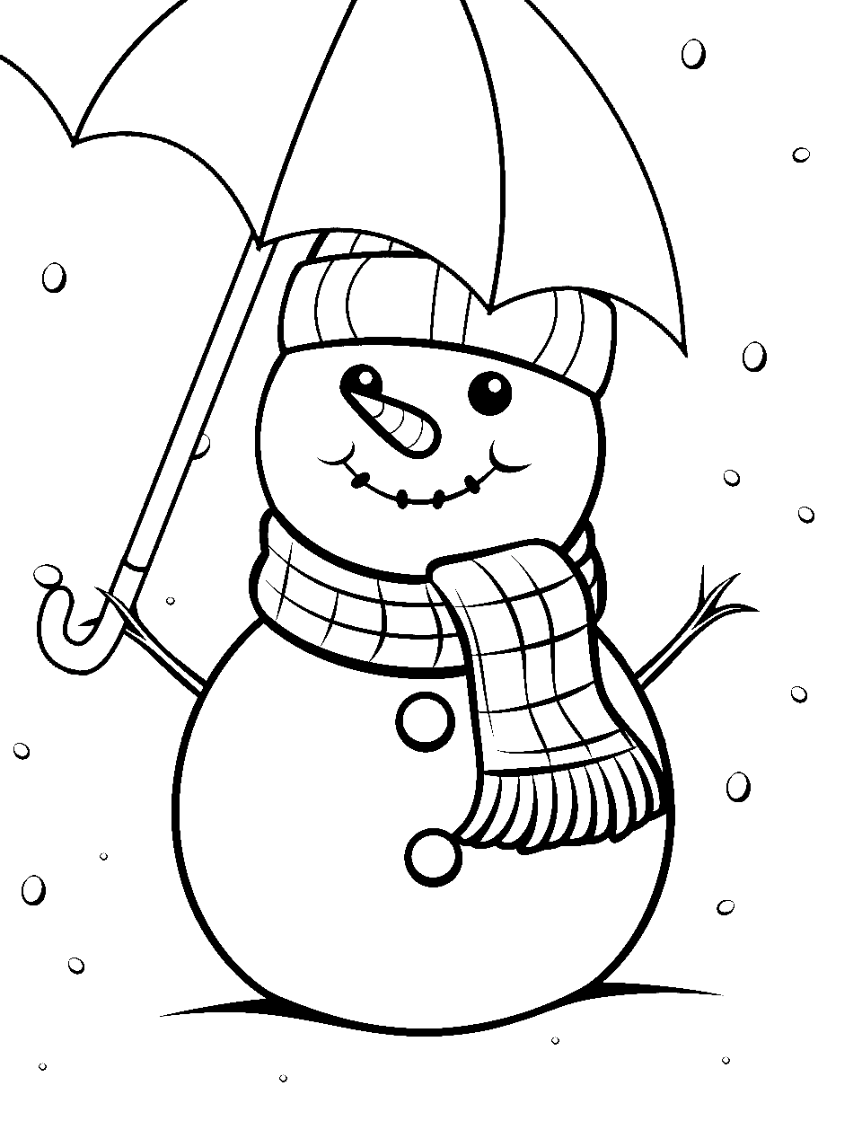 Cute Snowman Holding an Umbrella Coloring Page - A cheerful snowman with a big smile, holding a colorful umbrella.