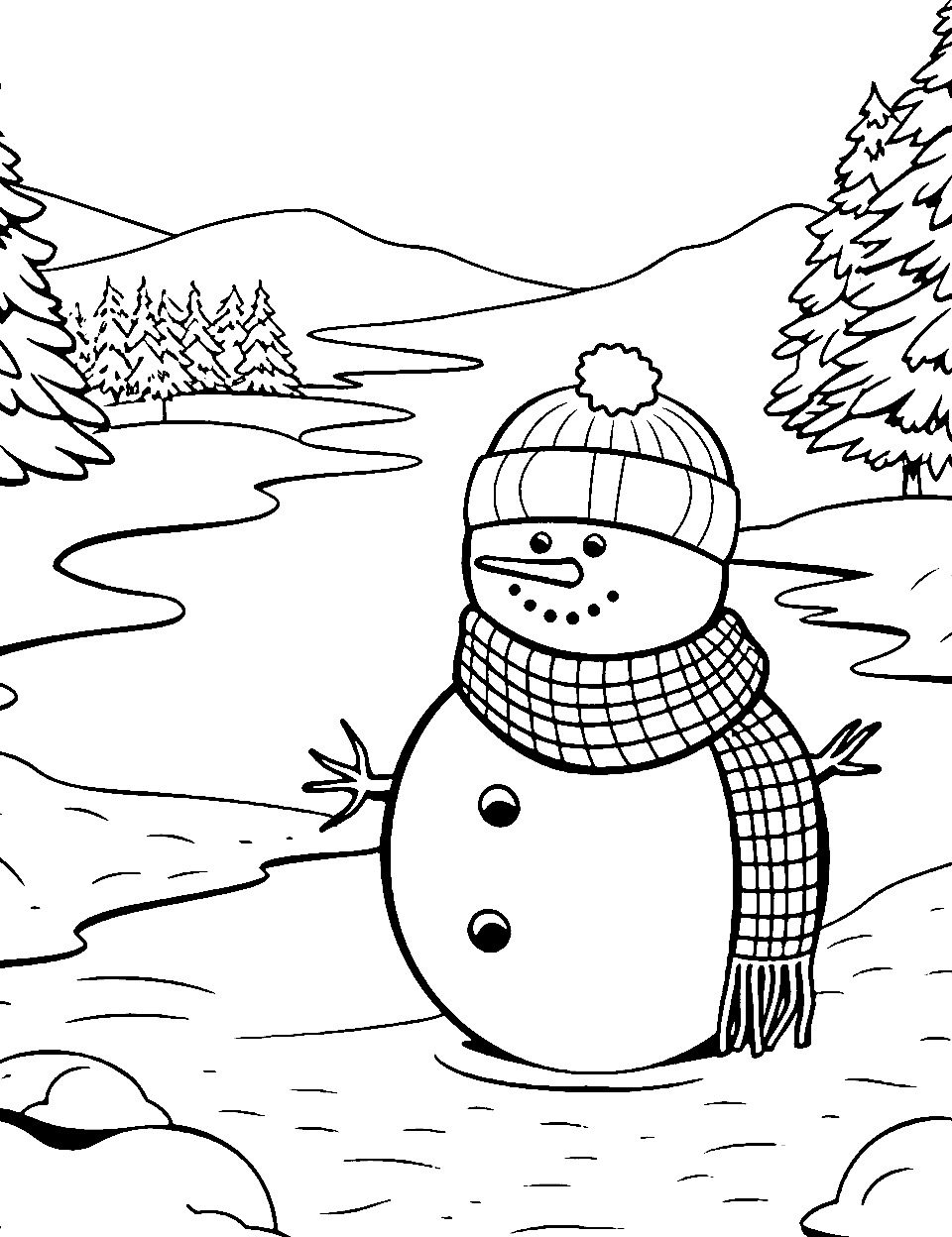 Frozen Lake with Snowman Coloring Page - A snowman standing by a frozen lake.