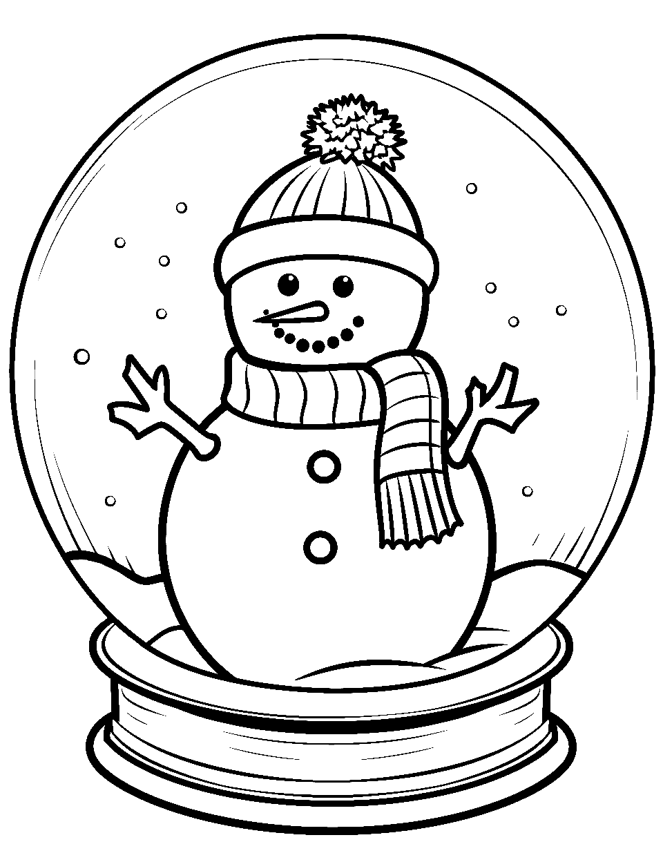 Snowman in a Snow Globe Coloring Page - A tiny snowman inside a snow globe, surrounded by falling snow.