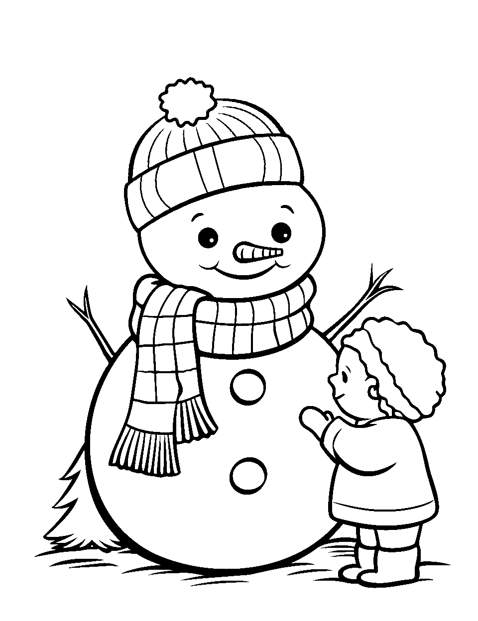Toddler Playing with Snowman Coloring Page - A toddler joyfully playing next to a snowman.
