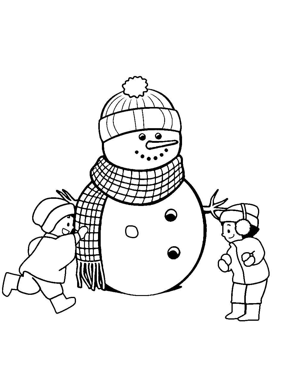 Snowball Fight with a Snowman Coloring Page - Children having a snowball fight around a snowman.