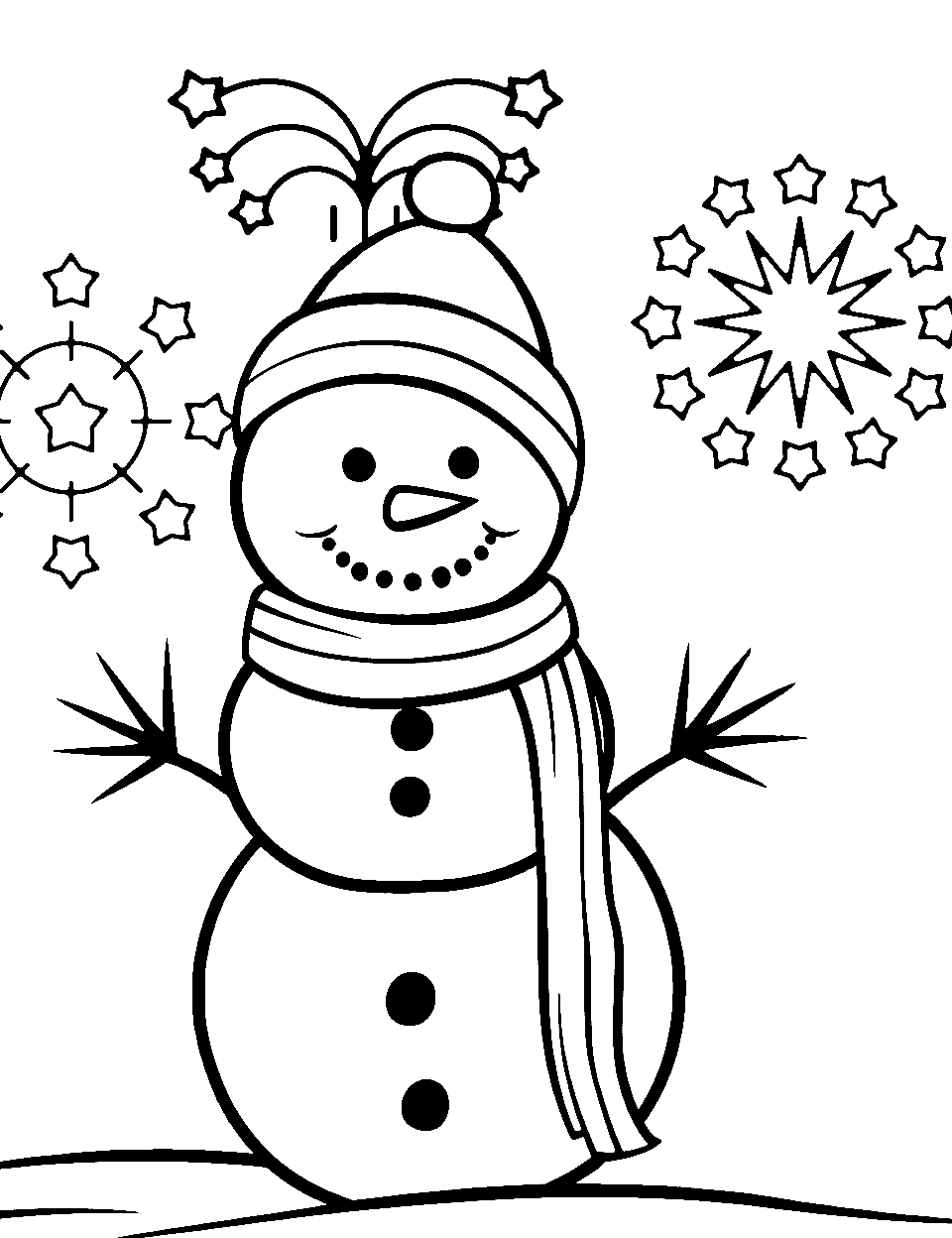 New Year's Snowman Celebration Coloring Page - A snowman with fireworks in the background, celebrating New Year’s.