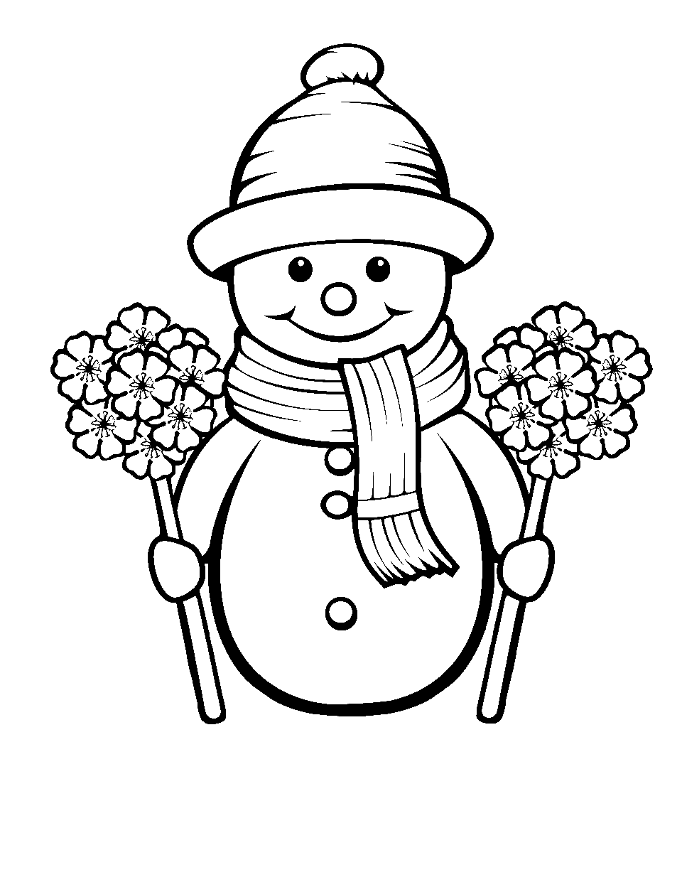 Gardener Snowman with Flowers Coloring Page - A snowman with a hat surrounded by winter flowers.