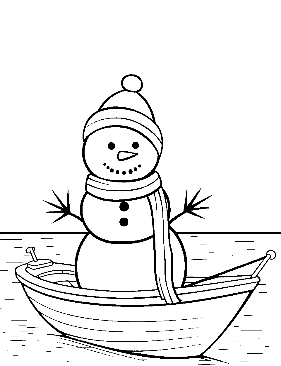 Snowman Sailor on a Boat Coloring Page - A snowman on a small boat, floating on a frozen pond.